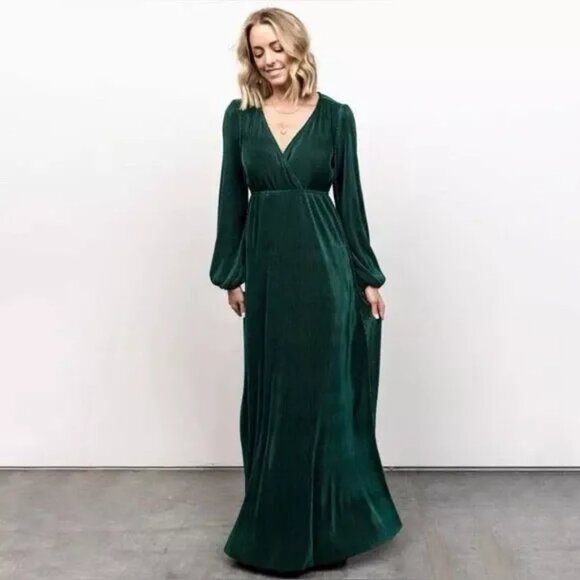 BALTIC BORN Forest Green VENUS Pleated Surplice Maxi Dress - Picture 1 of 10